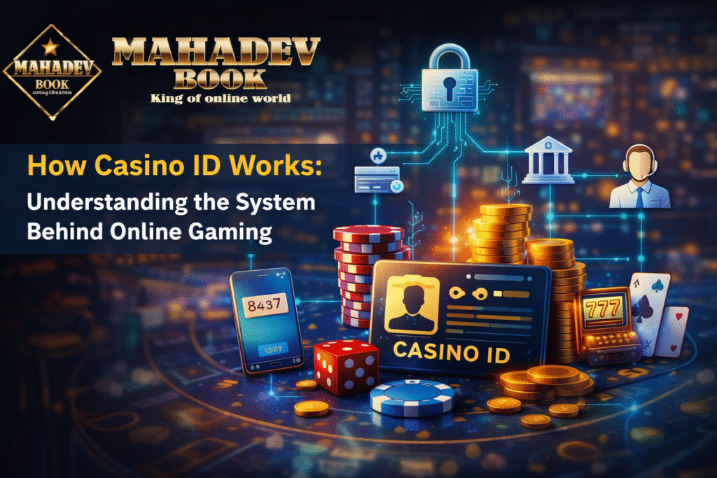 How Casino ID works illustration with Mahadev Book logo, secure login, OTP verification, and online gaming system