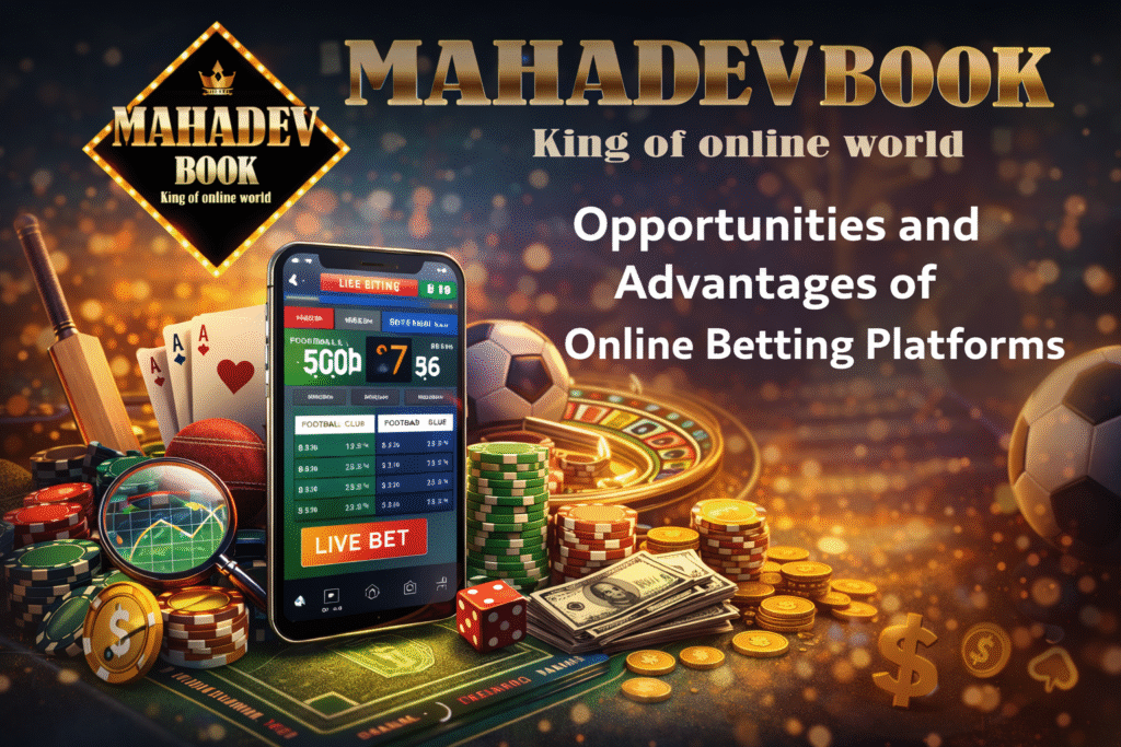 Mahadev Book online betting platform showing live betting app, casino chips, sports equipment and digital betting features