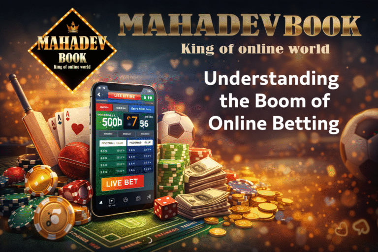 Mahadev Book online betting platform logo with live sports betting app, casino chips, and gaming elements