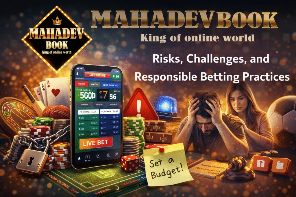 Mahadev Book betting risks illustration showing responsible gambling, budget control, warning signs and live betting app