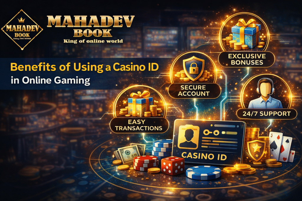 Benefits of Casino ID illustration with Mahadev Book logo showing secure gaming, rewards, and easy transactions