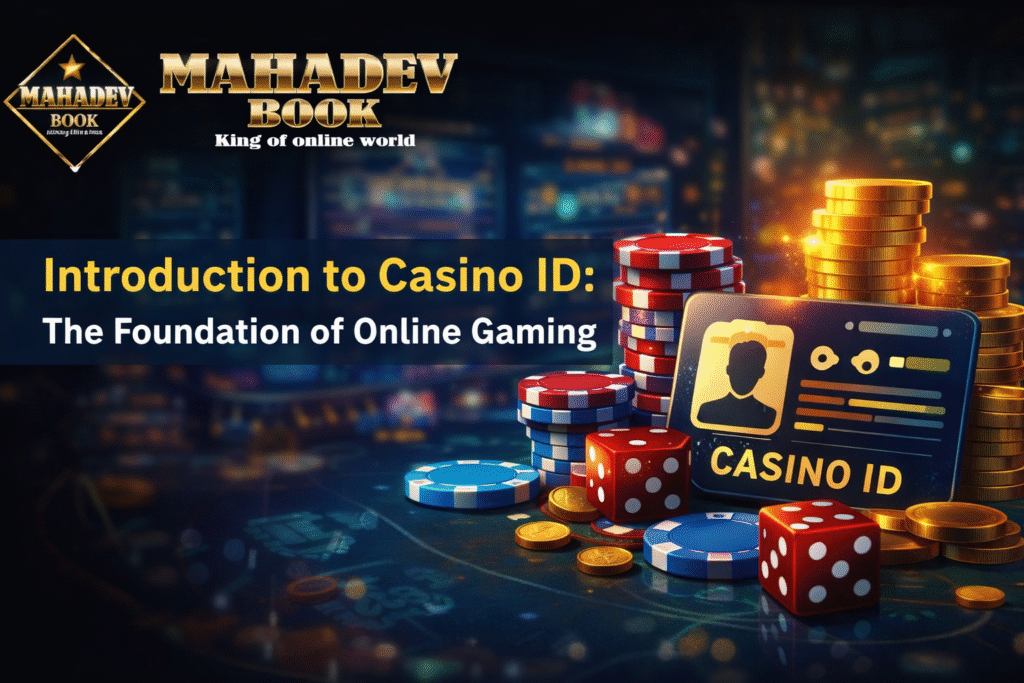 Mahadev Book Casino ID illustration with poker chips, dice, and online gaming concept