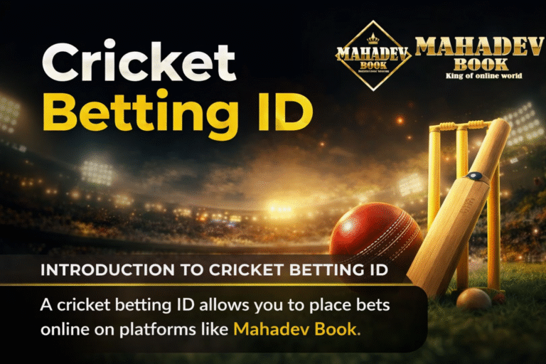 Cricket betting ID introduction with Mahadev Book logo, cricket bat and ball in stadium background