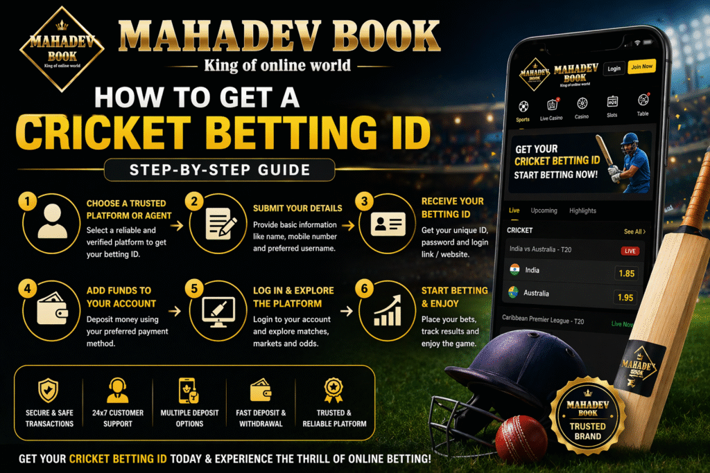 Step by step guide to get cricket betting ID with Mahadev Book platform, showing registration, deposit and betting process