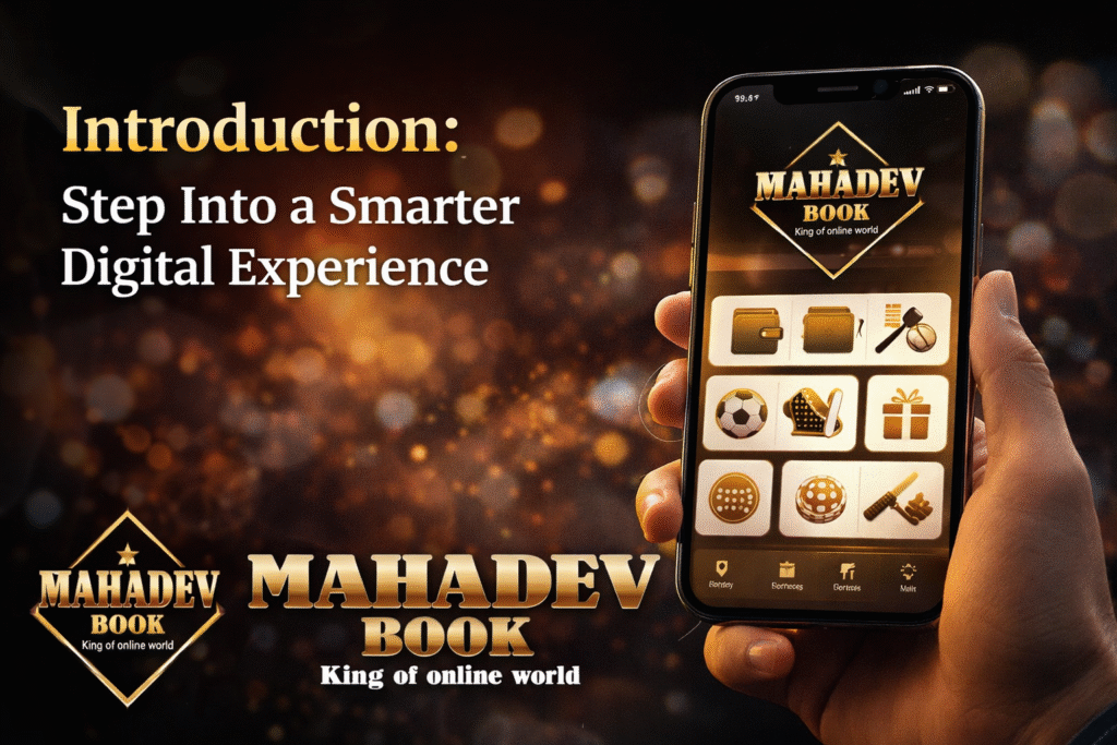 Download Our App Mahadev Book app introduction banner showing smart digital experience with mobile interface and logo