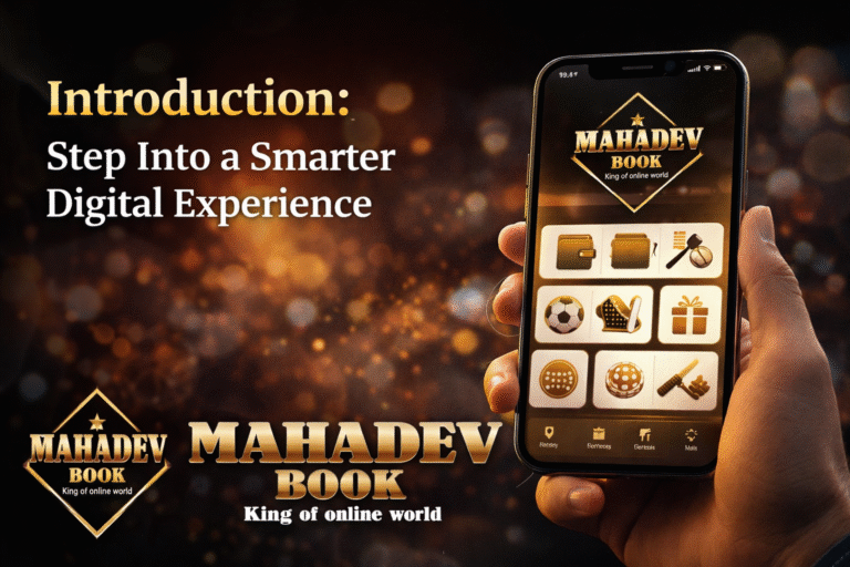 Download Our App Mahadev Book app introduction banner showing smart digital experience with mobile interface and logo
