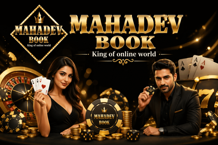 Mahadev Book best gambling site banner with casino chips, playing cards, and gold theme