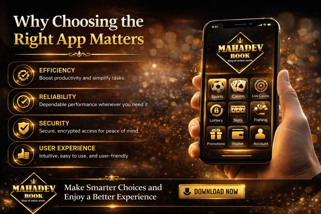 Mahadev Book app benefits banner showing secure reliable and efficient mobile app experience with logo