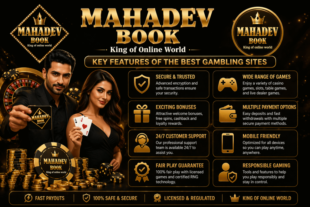 Mahadev Book key features gambling site banner showing secure payments, bonuses, casino games and mobile support