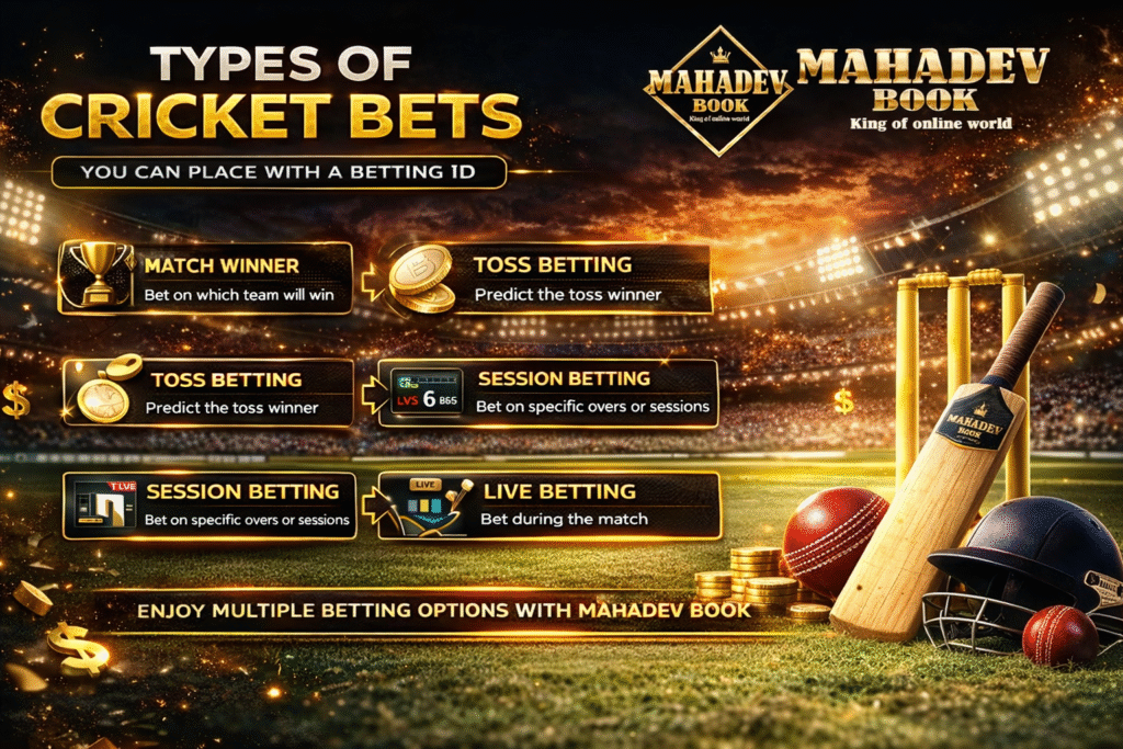 Types of cricket bets including match winner, toss betting, session betting and live betting with Mahadev Book platform