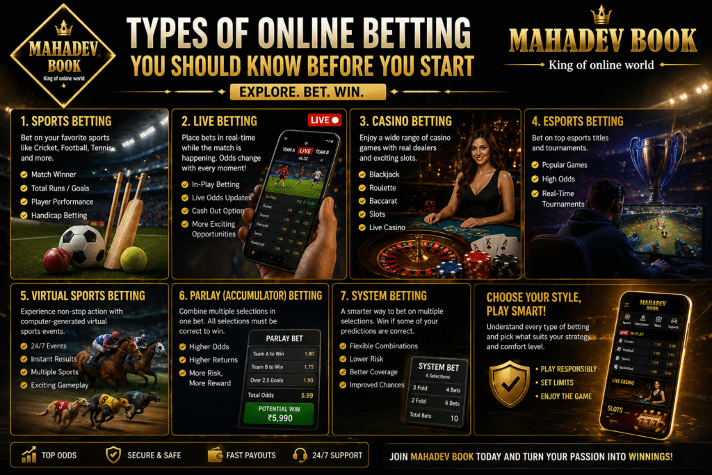 Different types of online betting including sports betting, casino, esports, and live betting